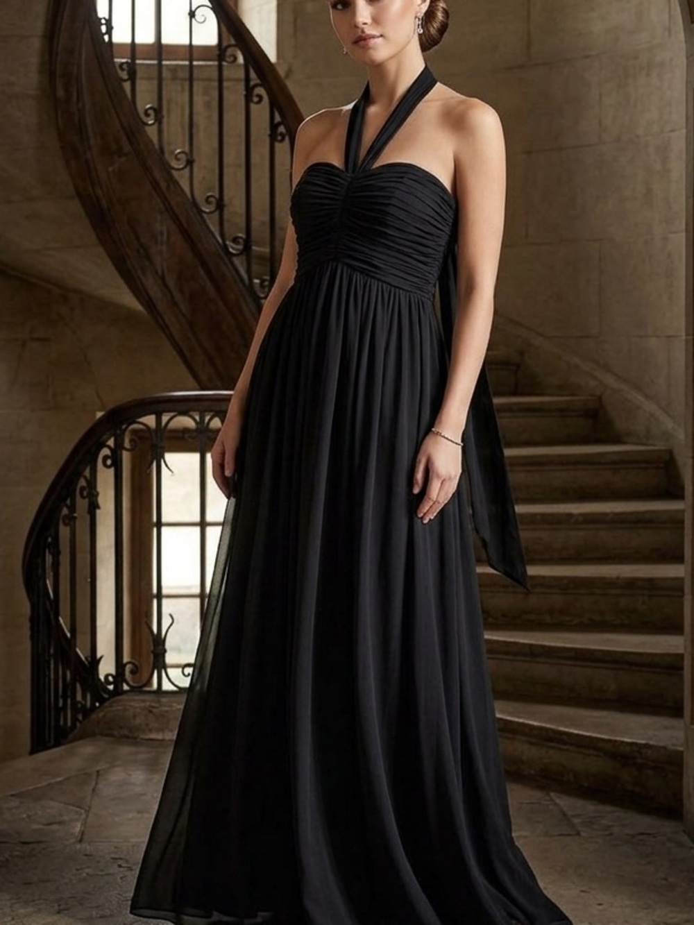 White House Black Market Chiffon Convertible Neck Ruched Black Gown Dress Sz 0